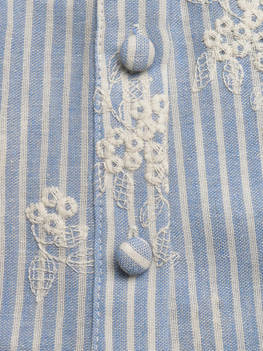 Striped floral embroidered square-neck ruffle-sleeve blouse