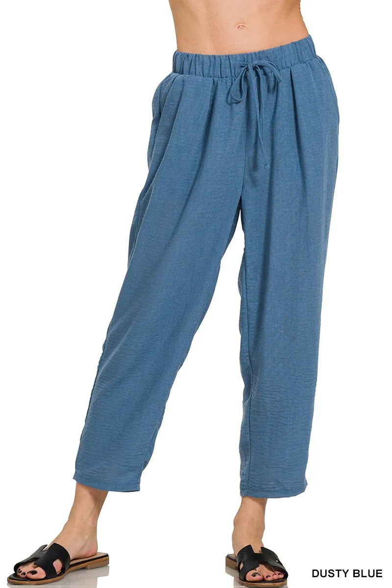 Blue Woven crepe elastic-waist drawstring cropped pants
