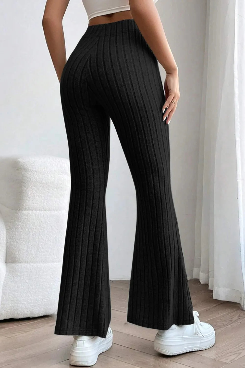 Ribbed knit high-waist flare pants with pull-on waist
