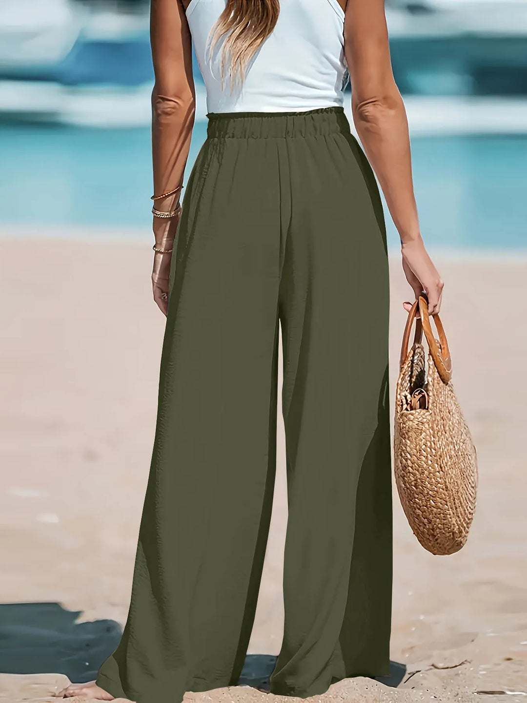 Paper-bag waist wide-leg pants with drawstring tie