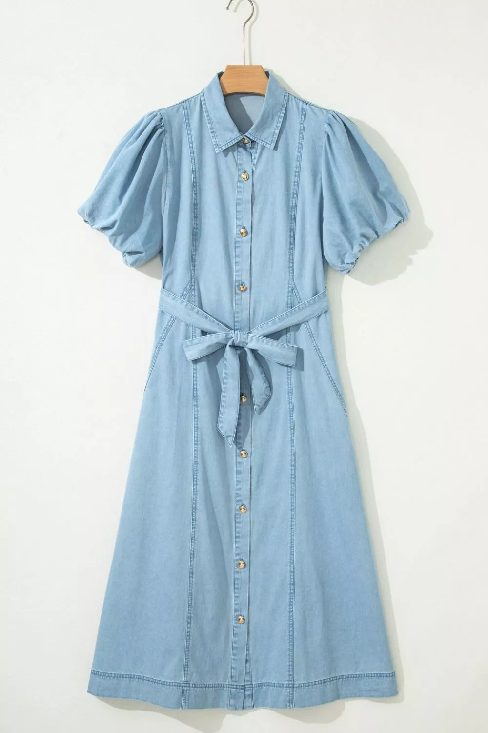 Belted chambray midi shirt dress with puff sleeves