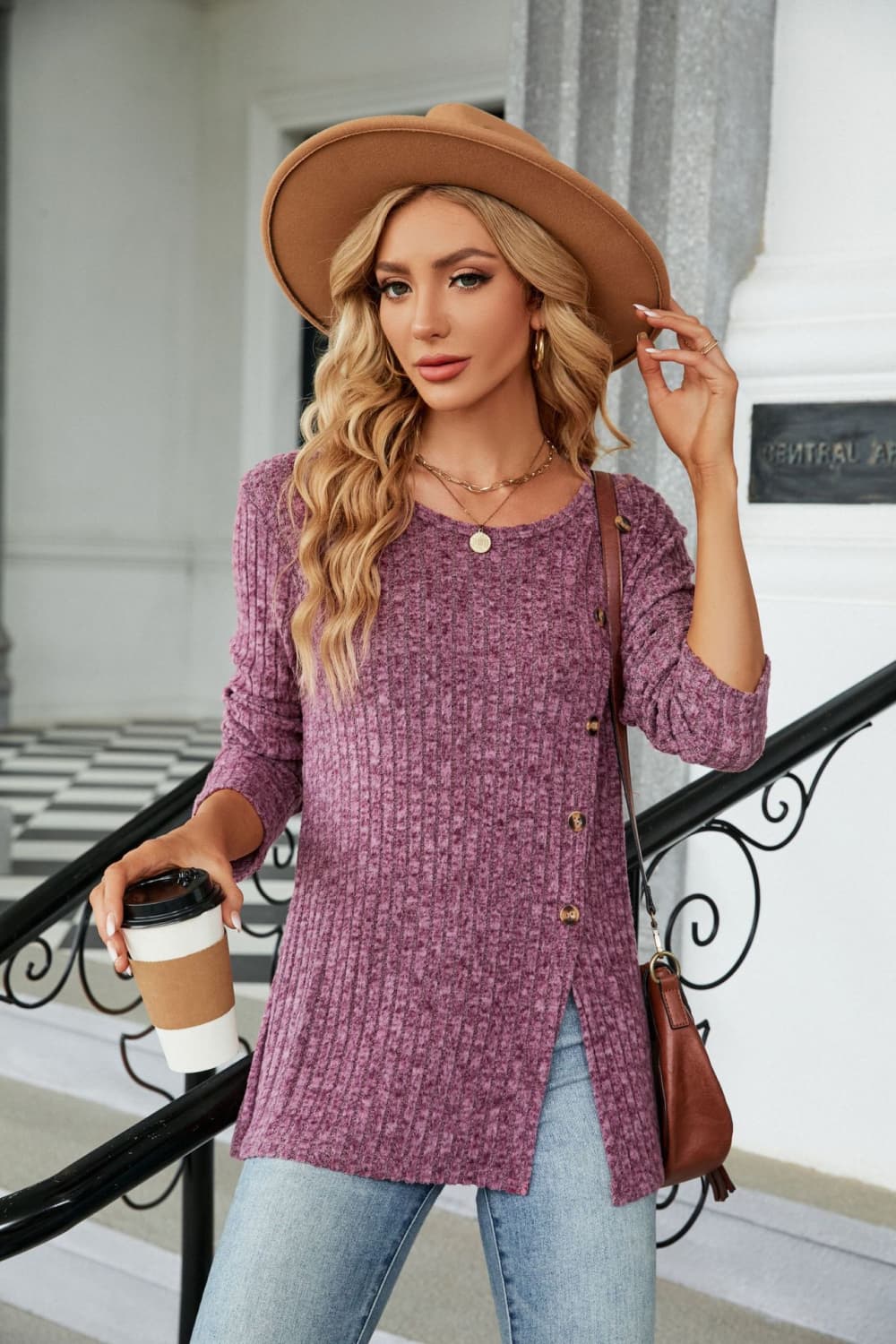 Ribbed knit long sleeve top with side buttons and slit hem