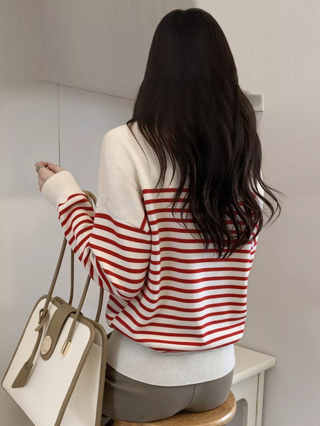 Striped collared knit top with long sleeves