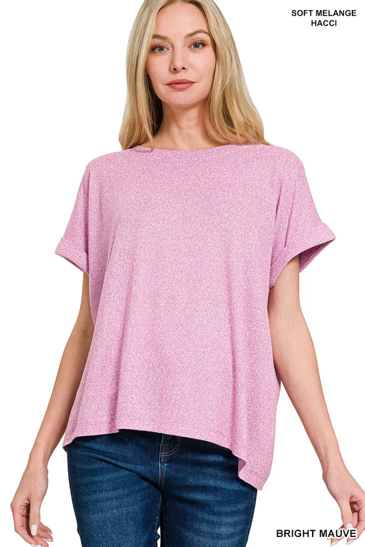 Melange hacci knit top with cuffed short sleeves