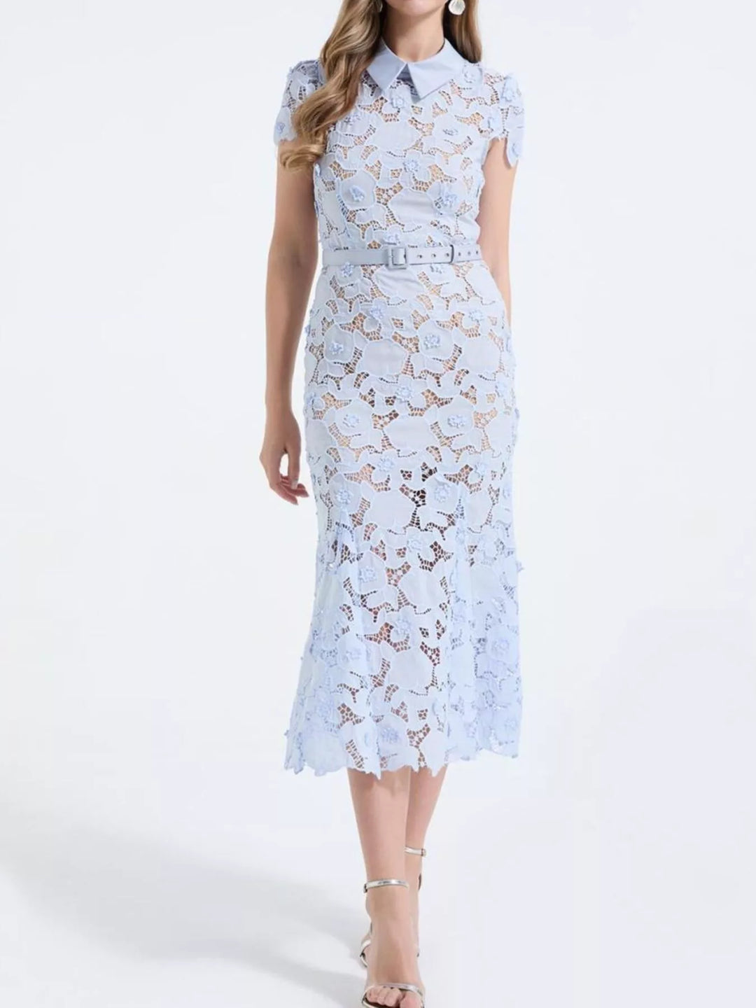 Floral lace midi dress with collar and belted waist