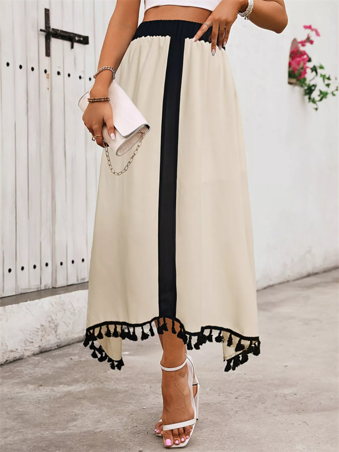 Contrast stripe high-waist midi skirt with tassel hem