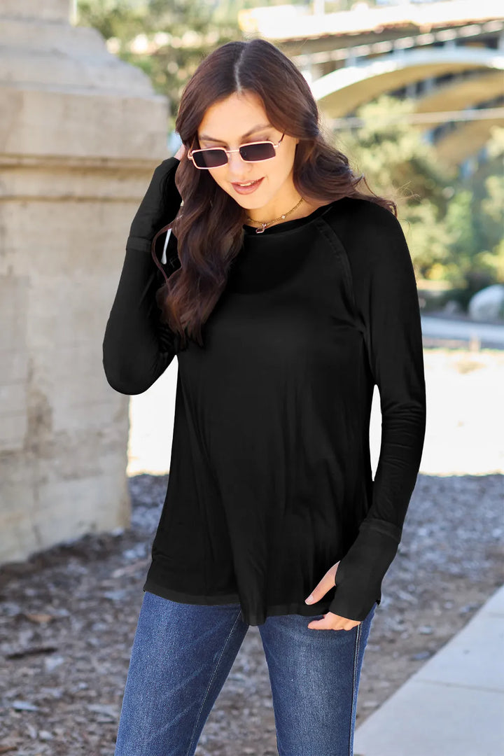 Black Relaxed raglan long sleeve round neck tee