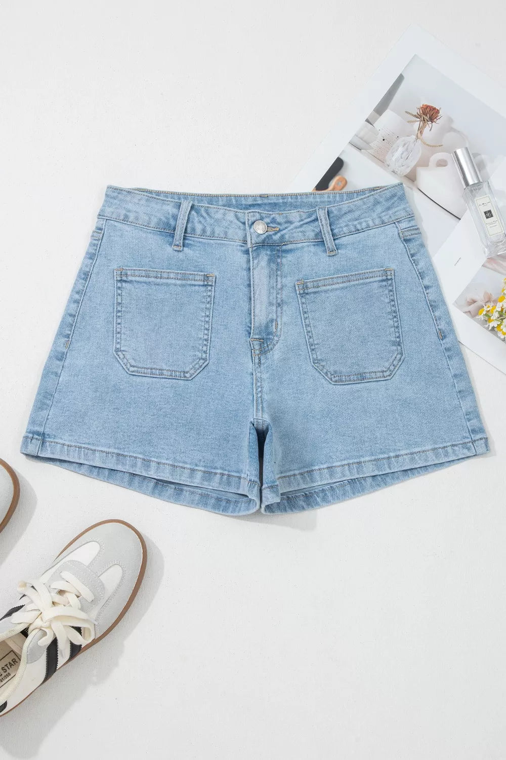 High-rise front patch pocket denim shorts