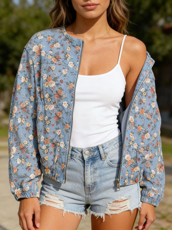 Light Blue Floral print zip-up cropped denim-look jacket