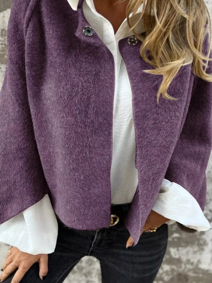 Purple Dropped shoulder fuzzy knit button-front cardigan