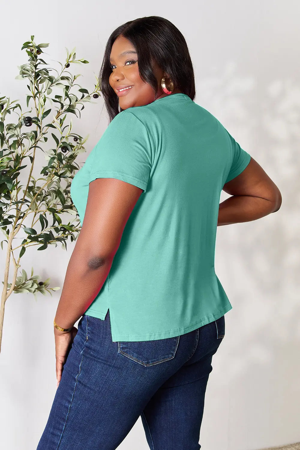 Round neck short sleeve tee in soft rayon knit