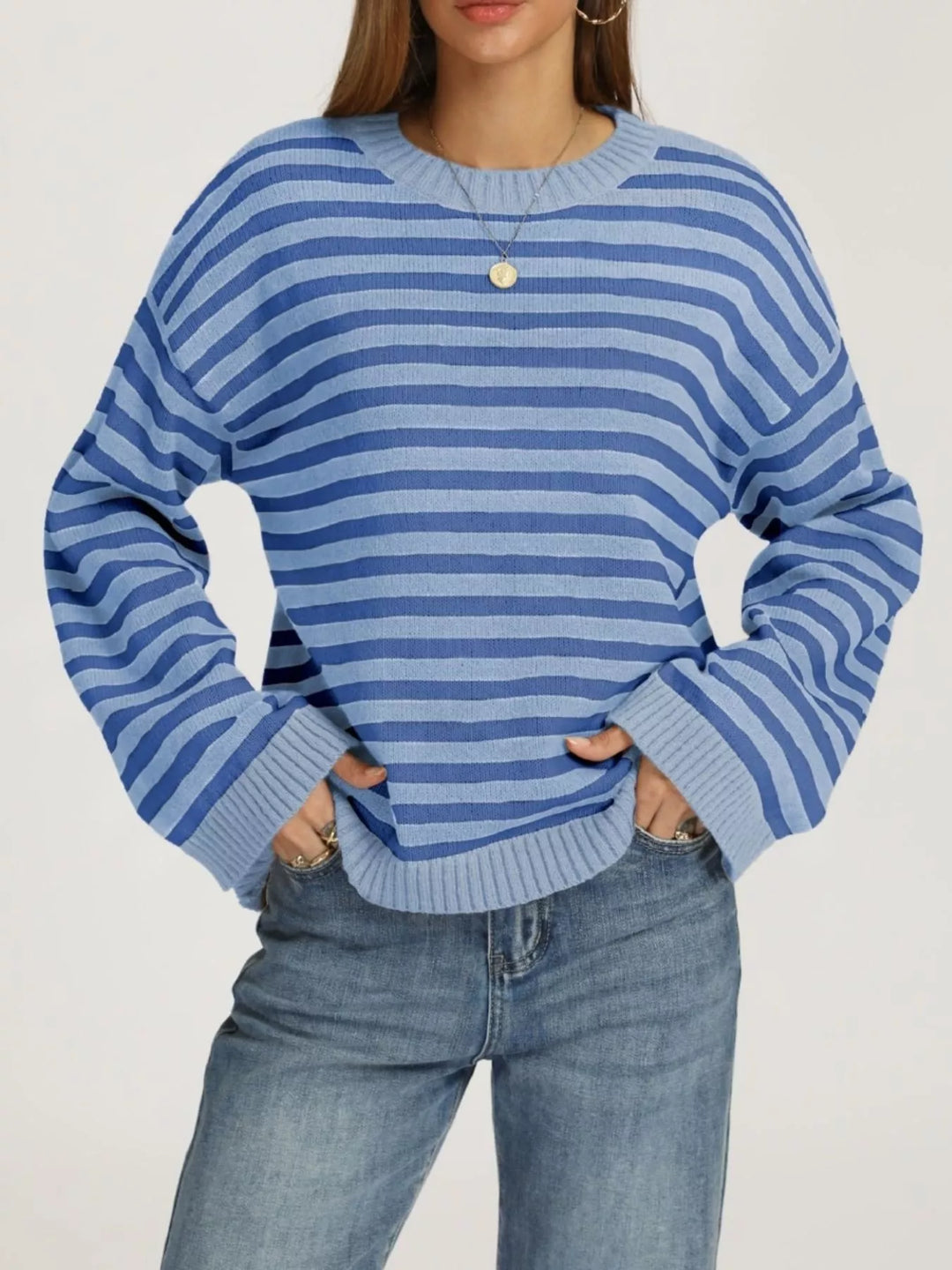 Light Blue Color Matching Striped drop shoulder crew neck sweater with ribbed trim