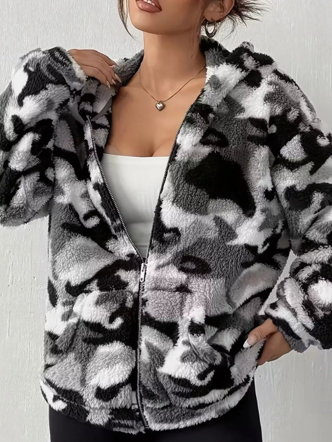 Gray Cropped fuzzy camo zip-up fleece hoodie jacket