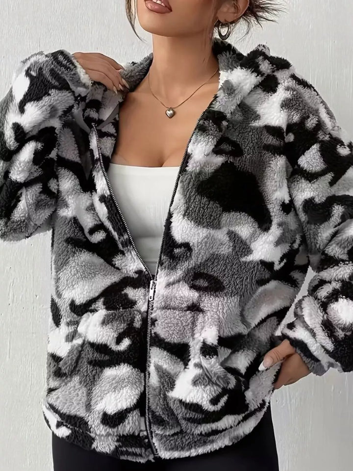 Gray Cropped fuzzy camo zip-up fleece hoodie jacket