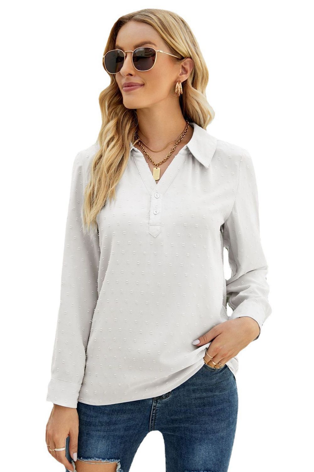 Swiss dot Johnny collar blouse with roll-tab long sleeves