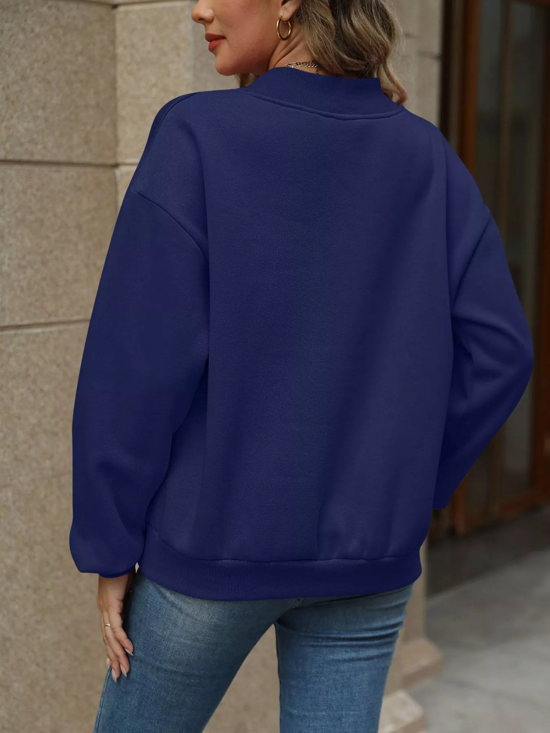 V-neck drop-shoulder pullover sweatshirt with ribbed trim