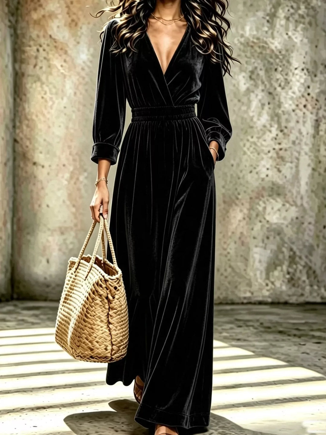 Black Velvet surplice wide leg jumpsuit with smocked waist