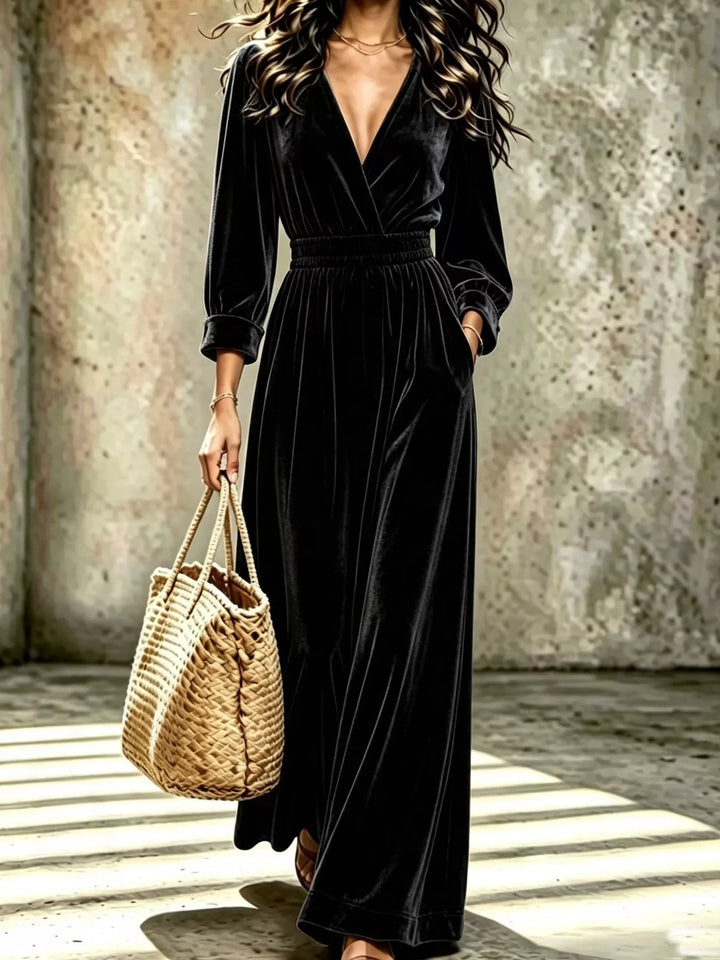 Black Velvet surplice wide leg jumpsuit with smocked waist
