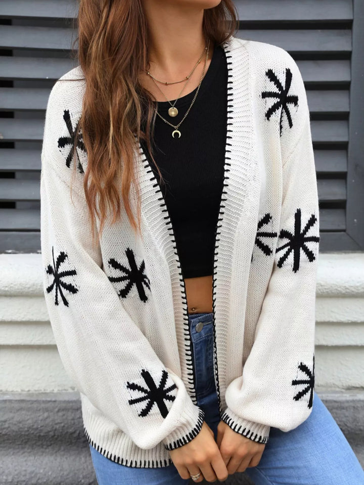 Floral open front knit cardigan with whipstitch trim