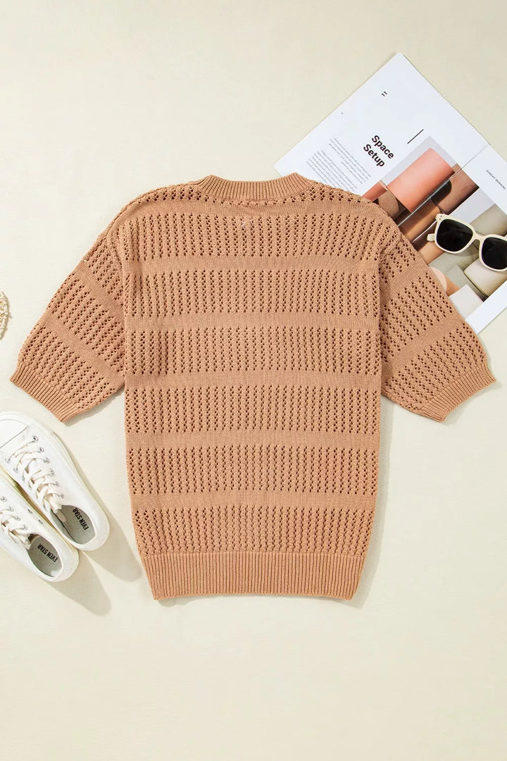 Openwork striped knit pullover with crew neck and short sleeves