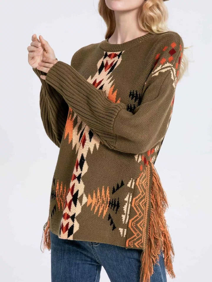Aztec geometric fringe knit pullover sweater