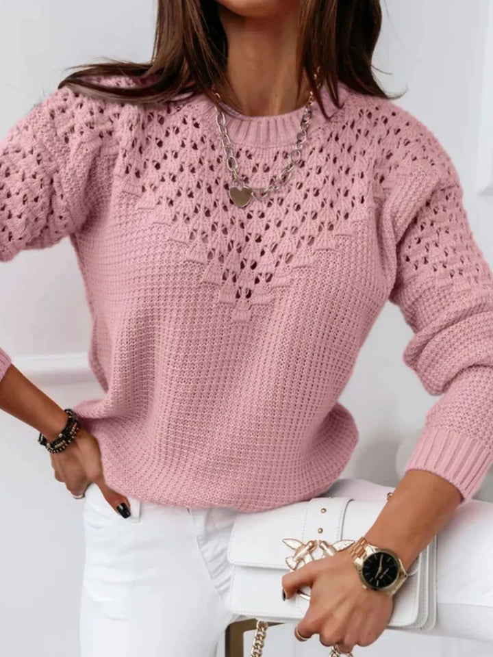 Pink Textured openwork knit round neck sweater