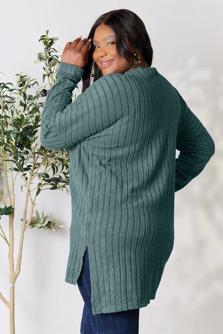 Ribbed knit long sleeve tunic top with side slits