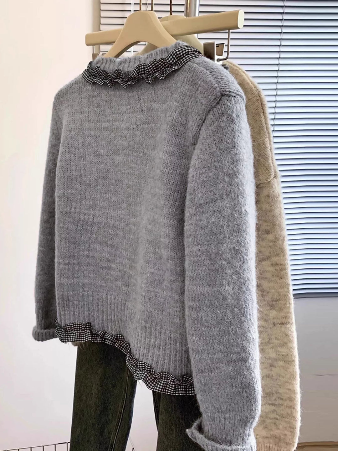 Gingham ruffle trim button-up knit cardigan