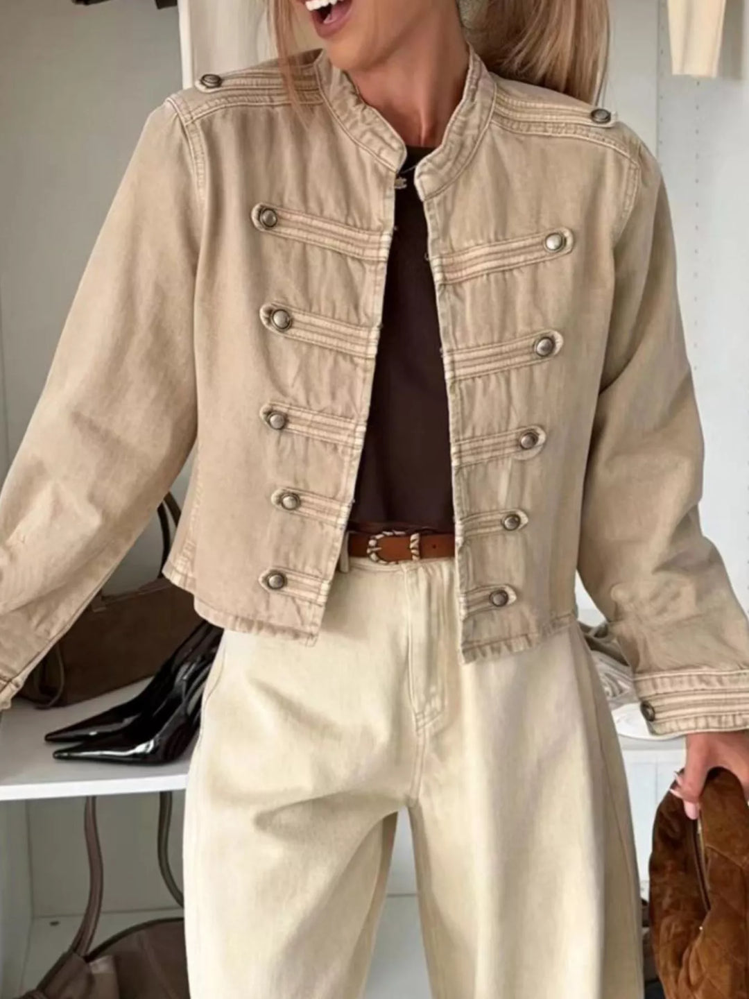 Cropped denim military jacket with dome buttons