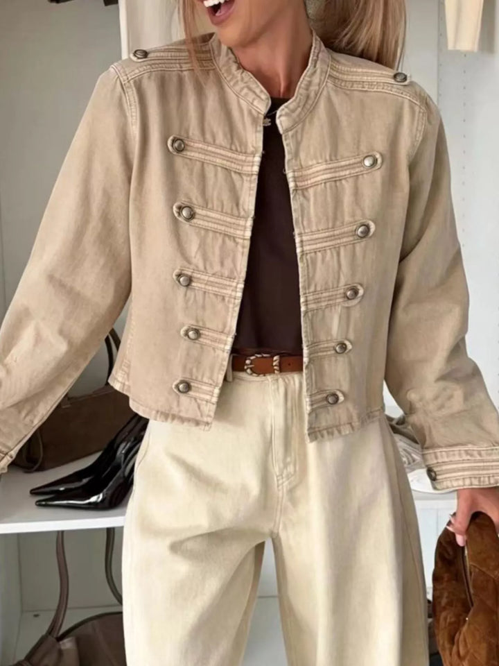 Cropped denim military jacket with dome buttons