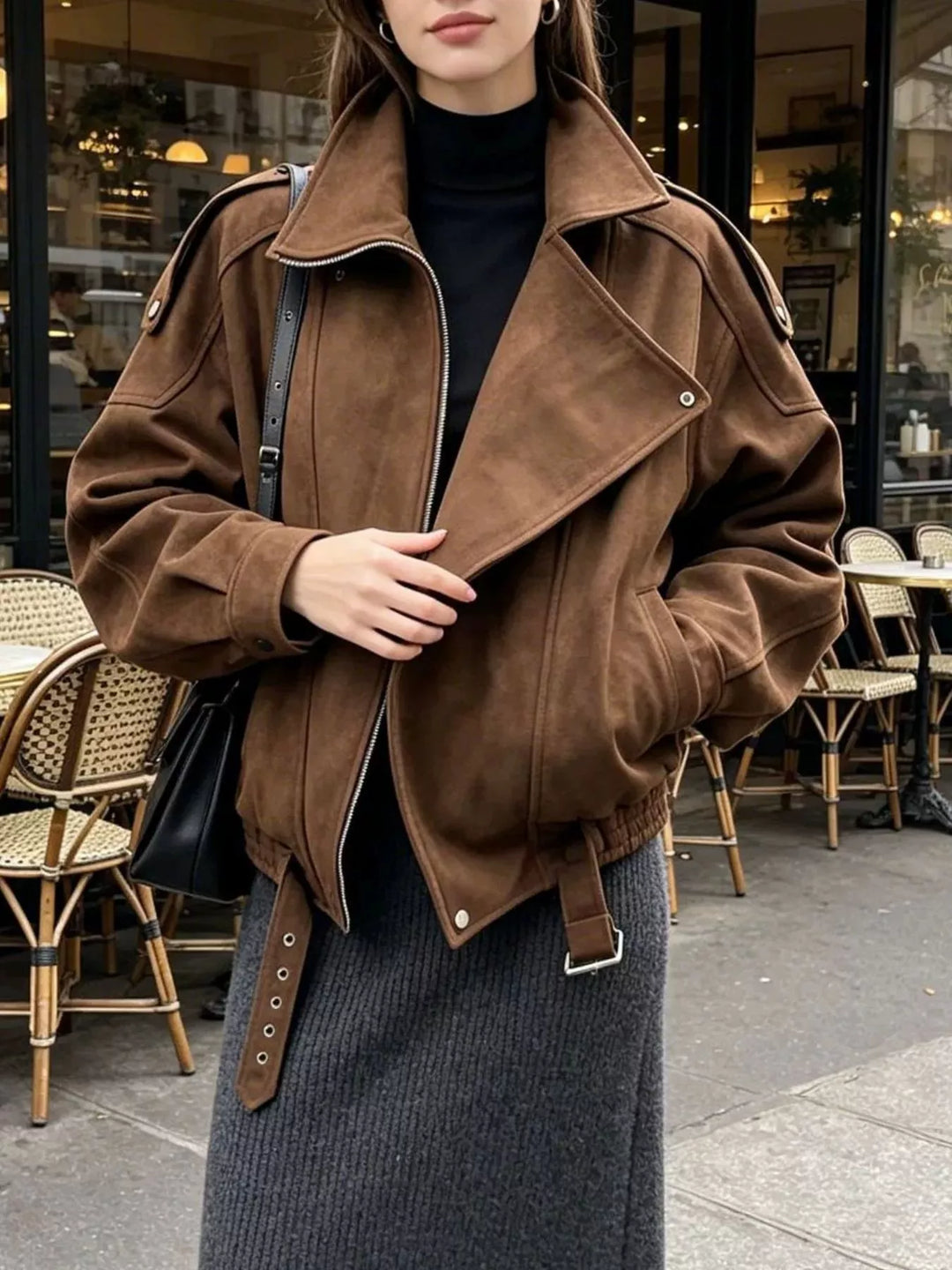Brown Faux suede moto jacket with asymmetrical zip and belted hem