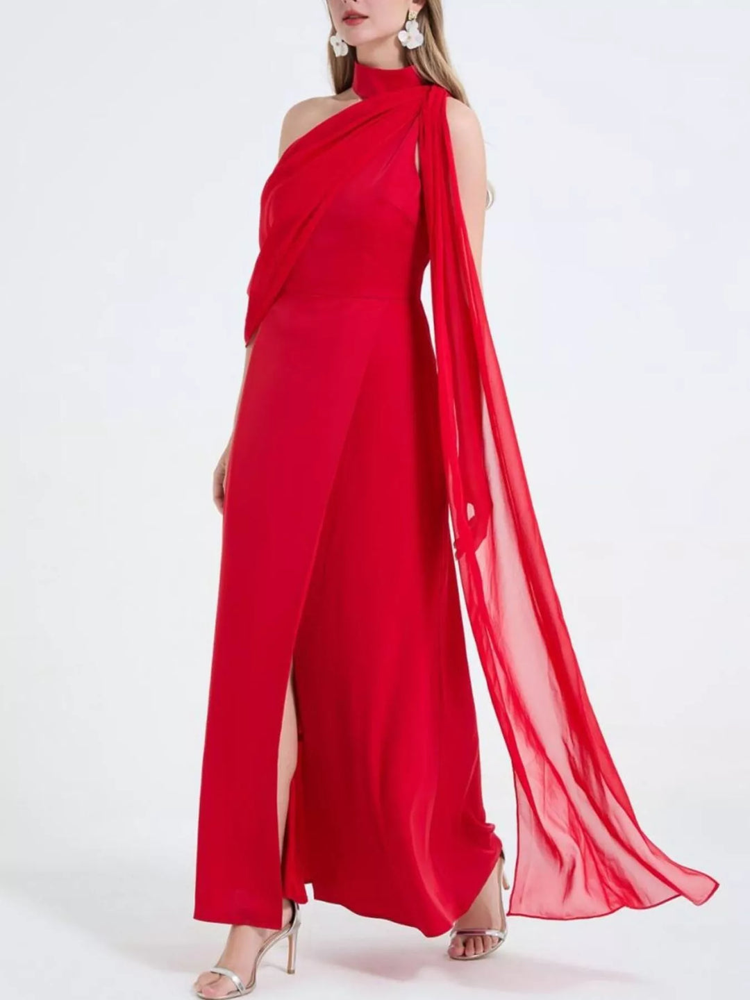 Asymmetric one-shoulder maxi dress with high thigh slit