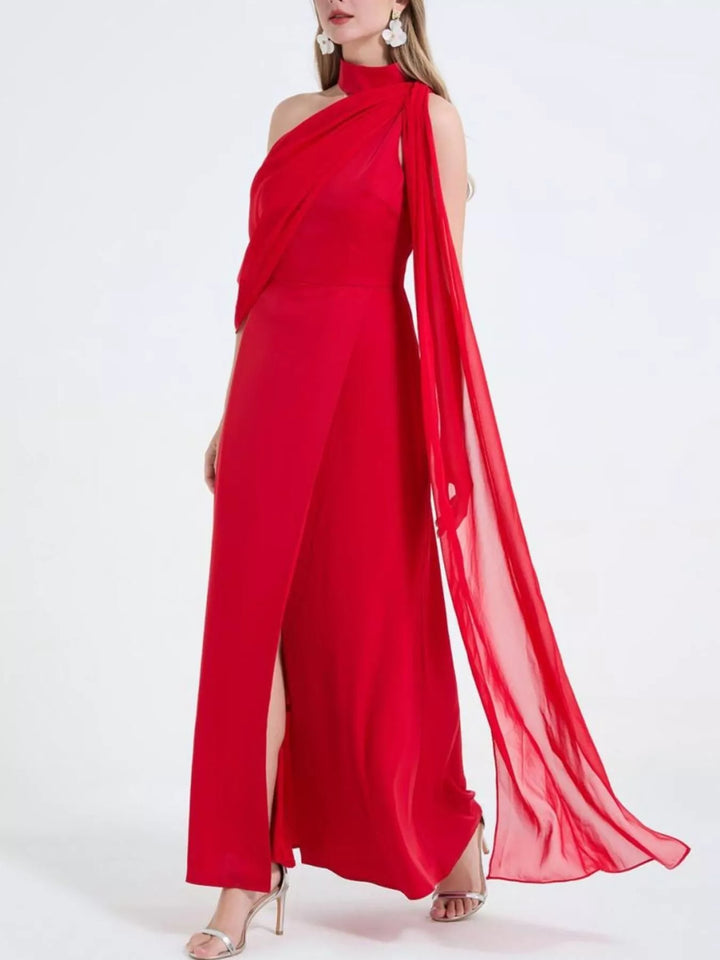 Asymmetric one-shoulder maxi dress with high thigh slit