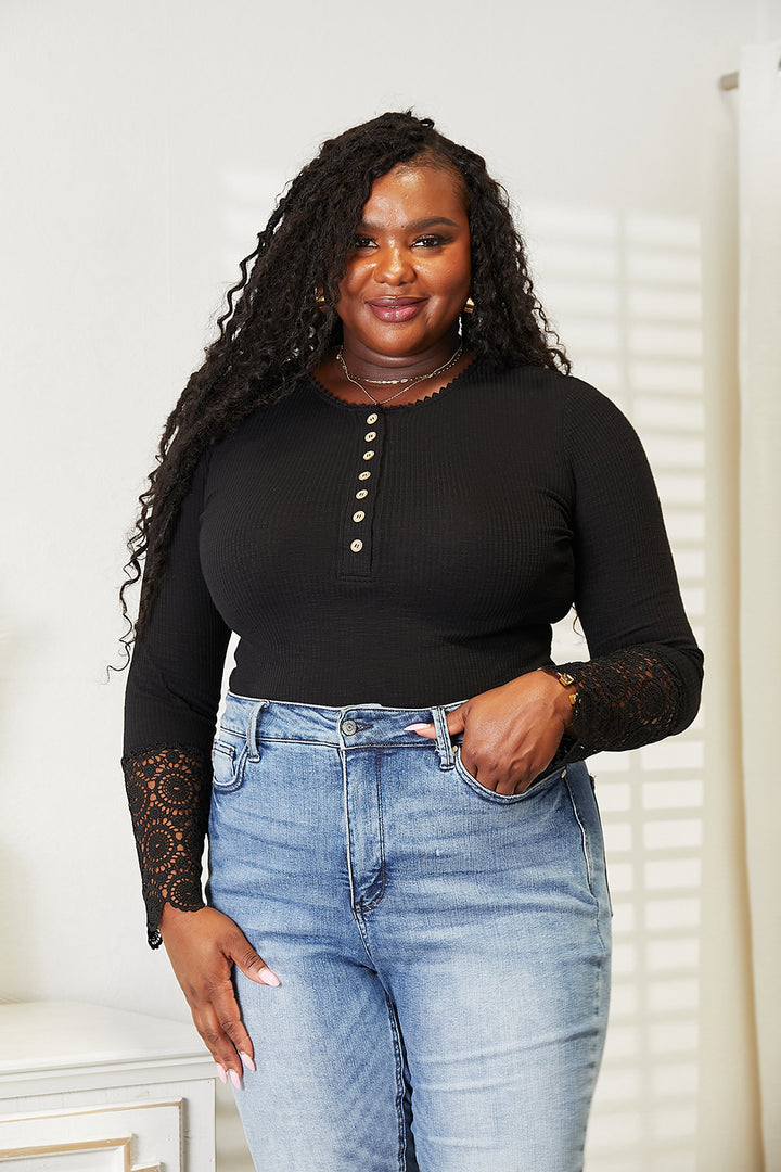 Ribbed knit henley top with crochet lace cuffs
