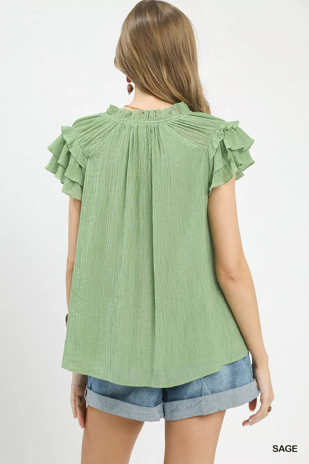 Tiered ruffle flutter sleeve tie-neck textured blouse