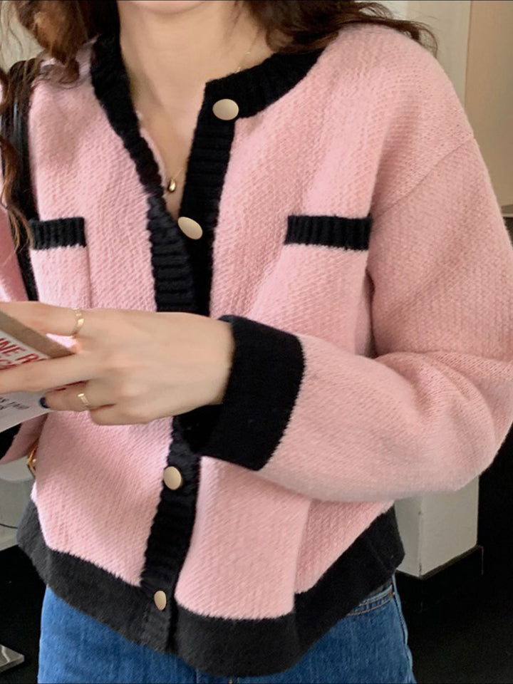 Contrast-trim button-up knit cardigan with patch pockets