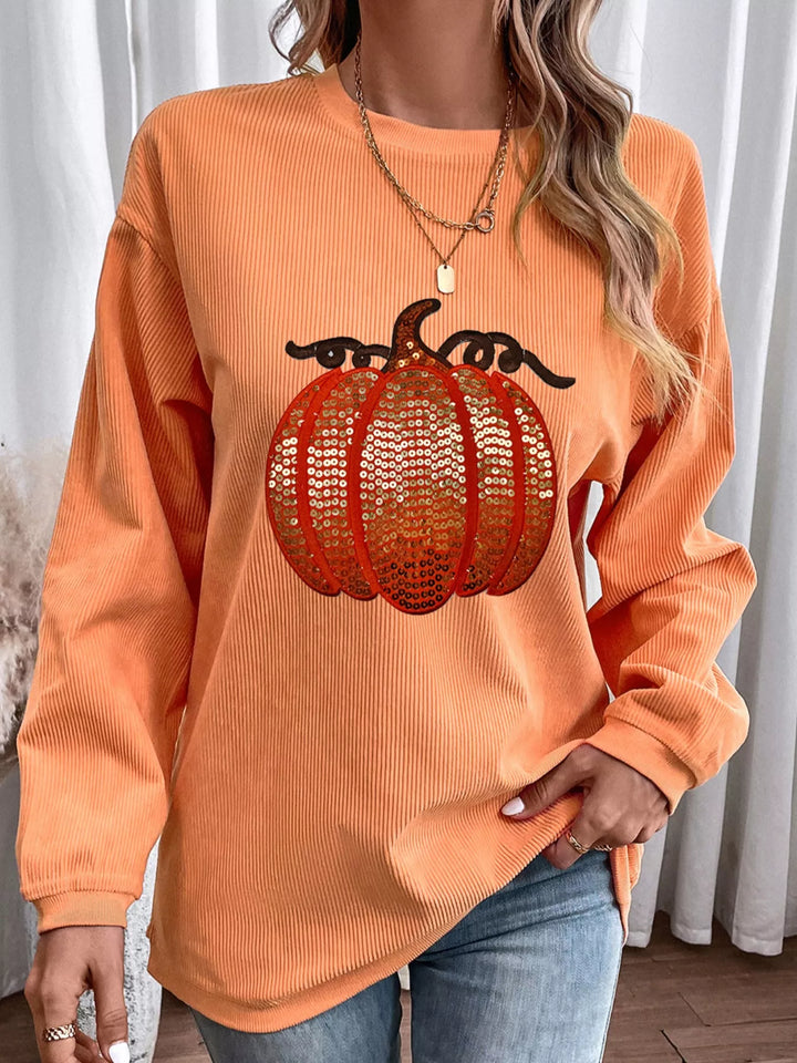 Sequin pumpkin ribbed corded crew neck sweatshirt