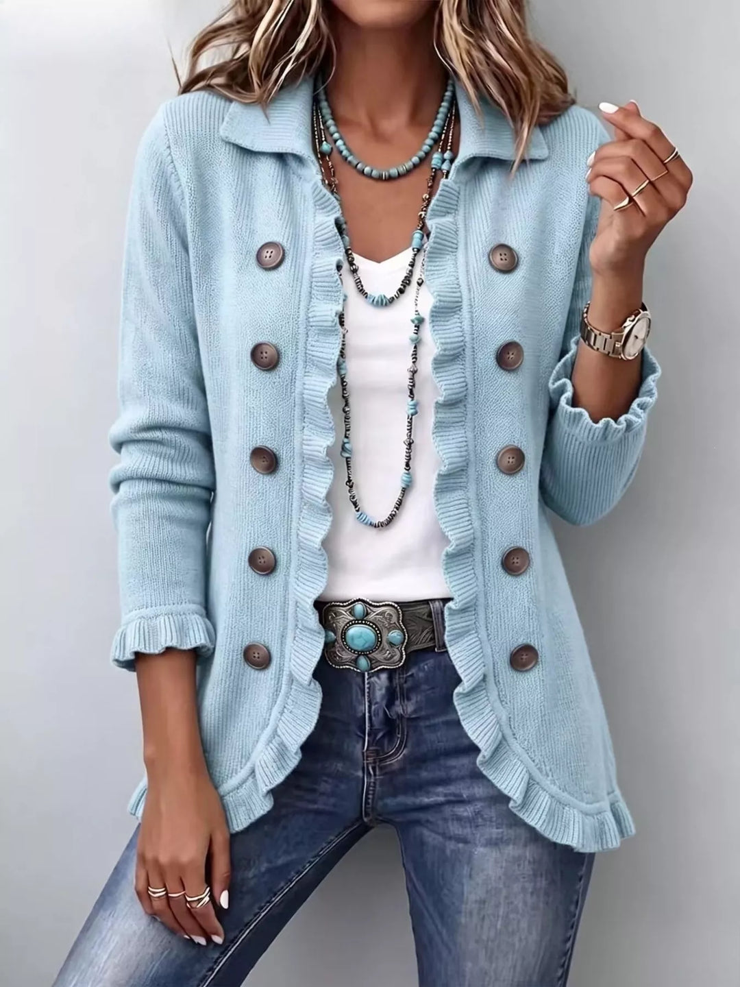 Sky Blue Ruffle trim knit cardigan with collar and decorative buttons