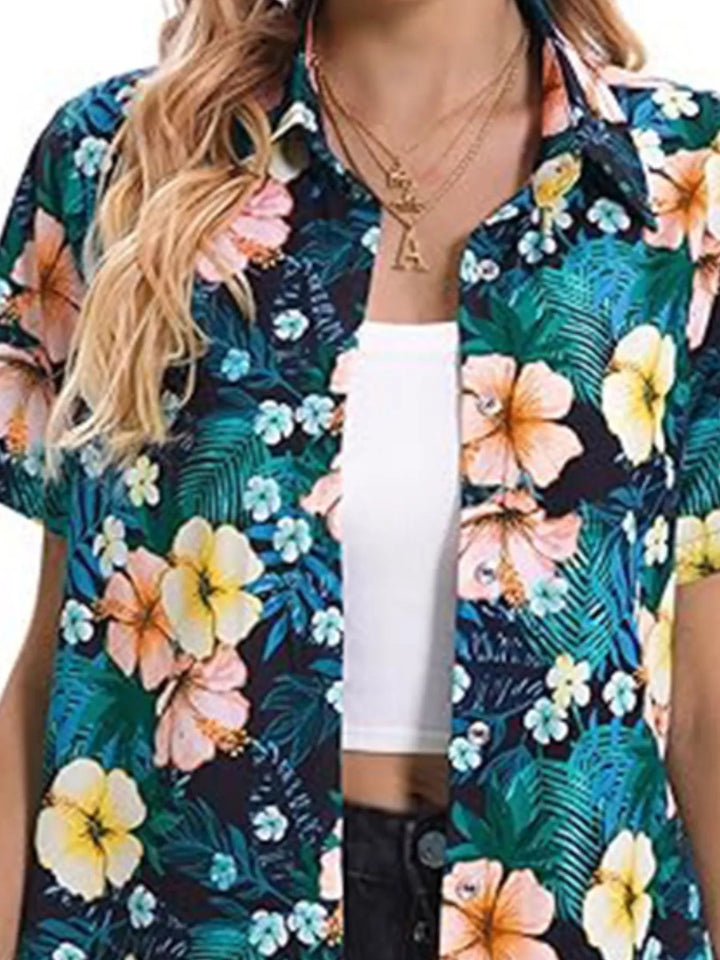 Tropical hibiscus print short sleeve button-up shirt