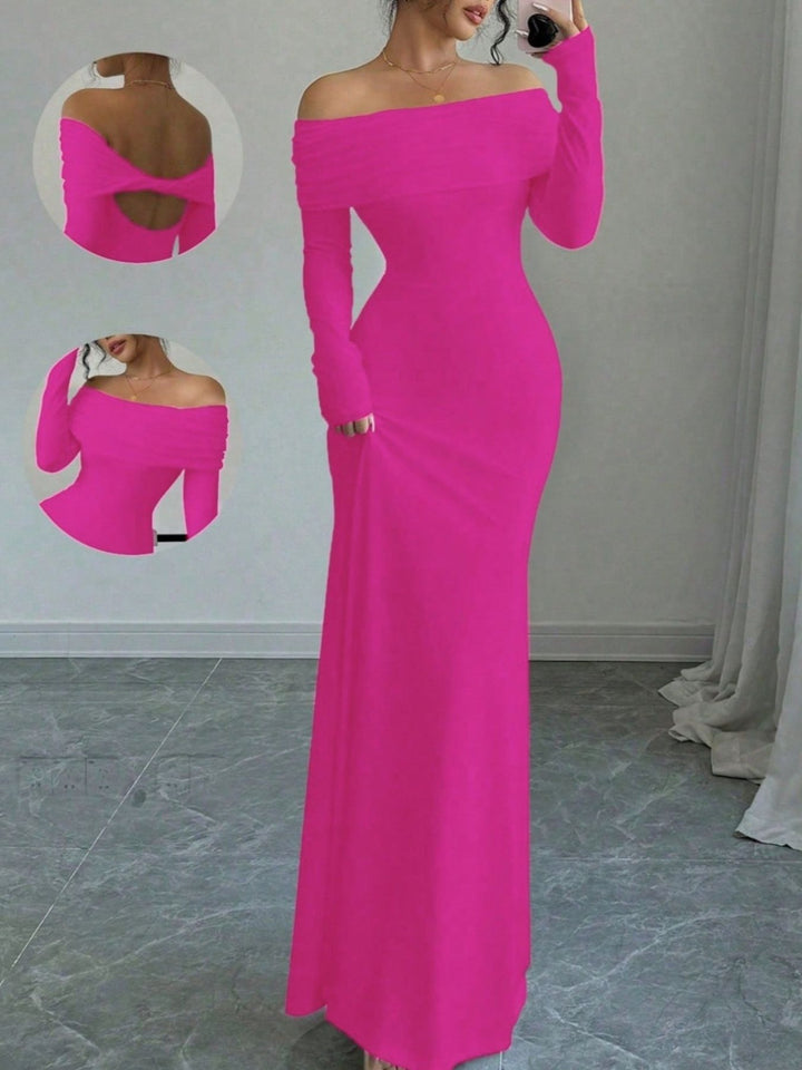Rose Red Ruched off-shoulder long sleeve bodycon maxi dress