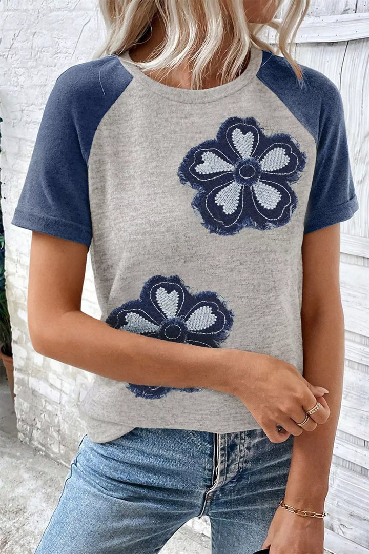 Dusty Blue Floral patch raglan tee with contrast sleeves