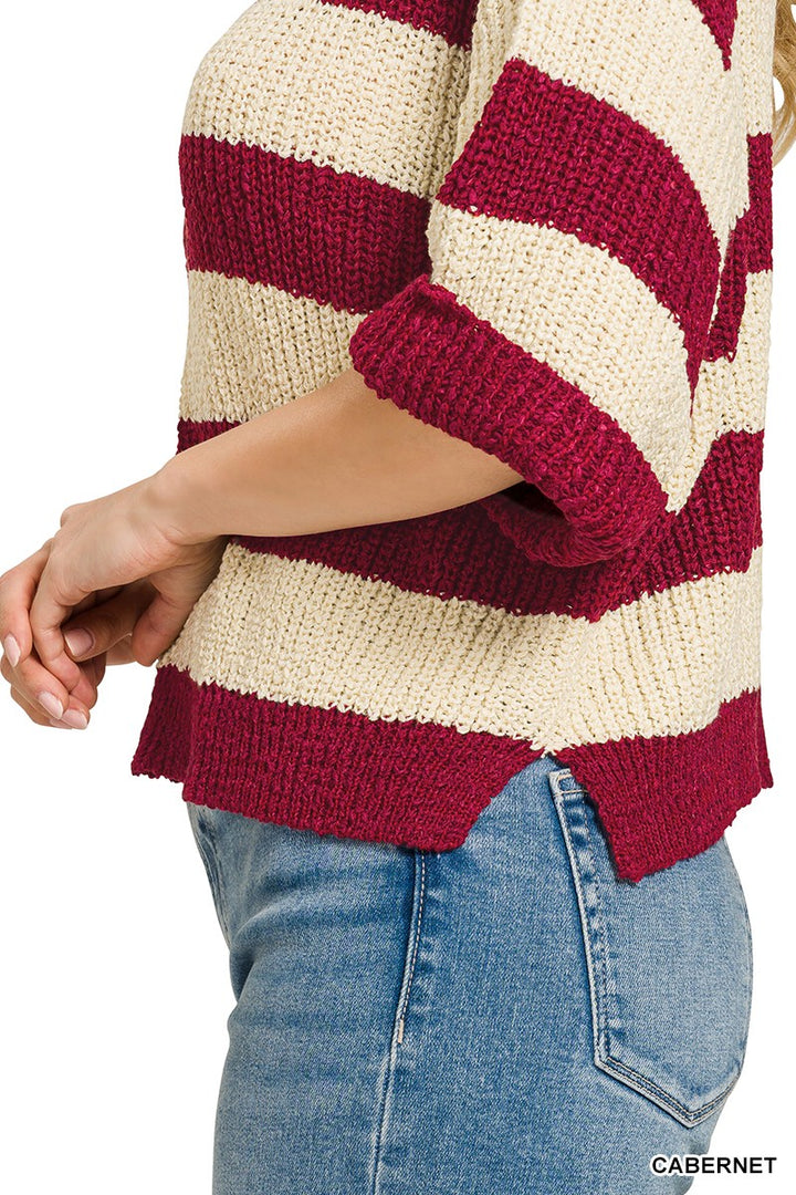Striped ribbed knit split-neck pullover sweater