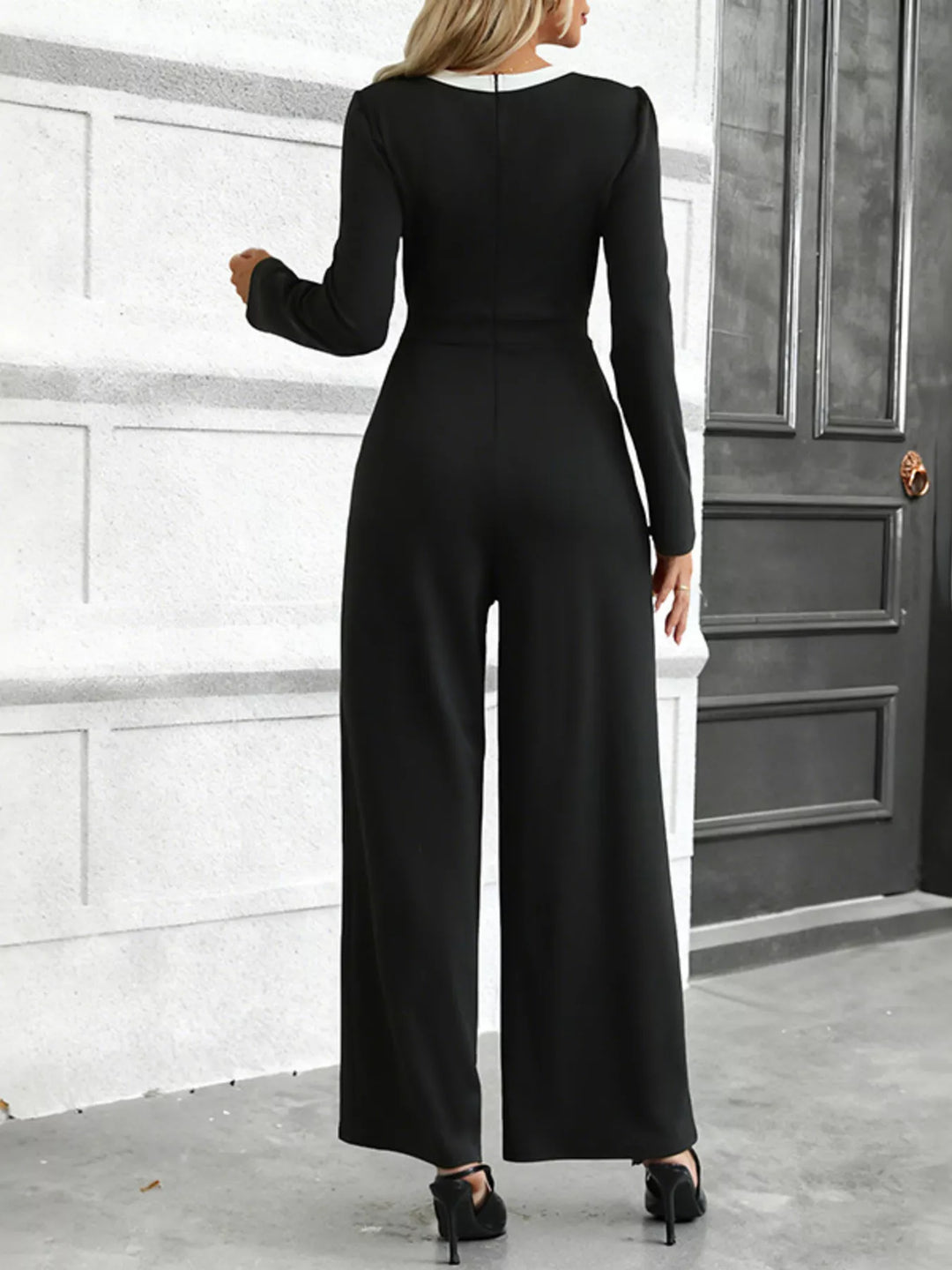 Gold button wide leg jumpsuit with contrast neckline trim
