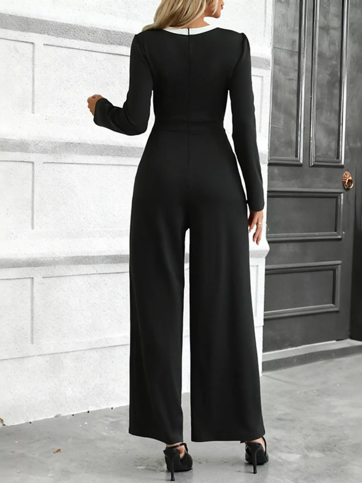 Gold button wide leg jumpsuit with contrast neckline trim