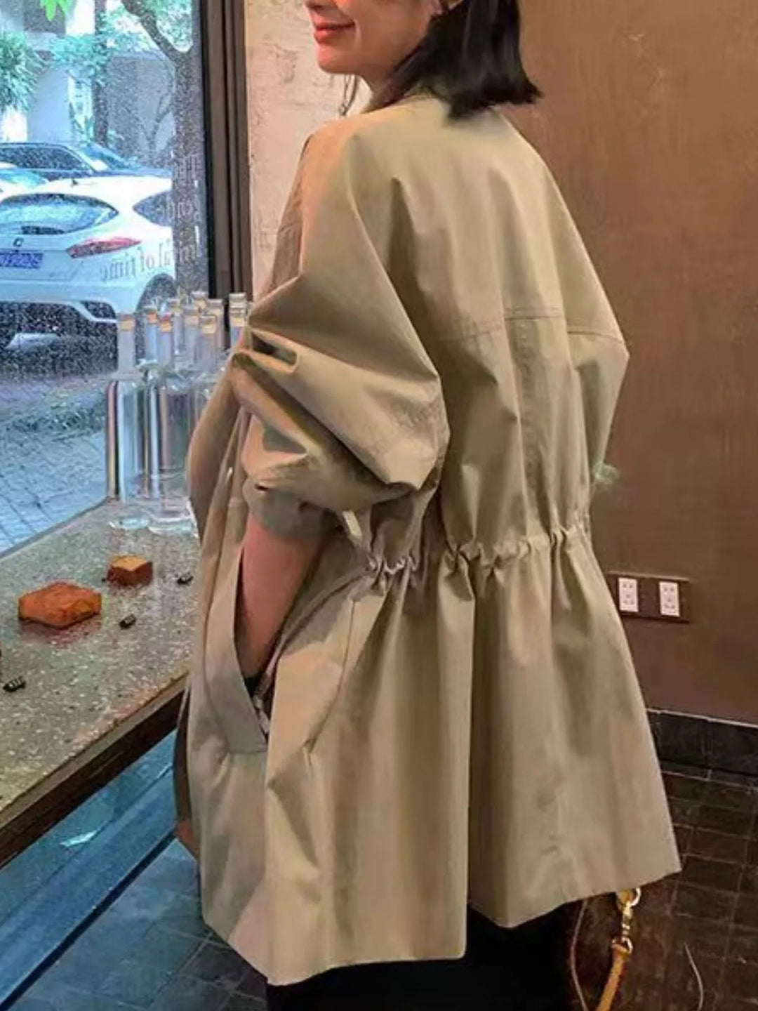 Open front drawstring waist trench coat with notched lapel