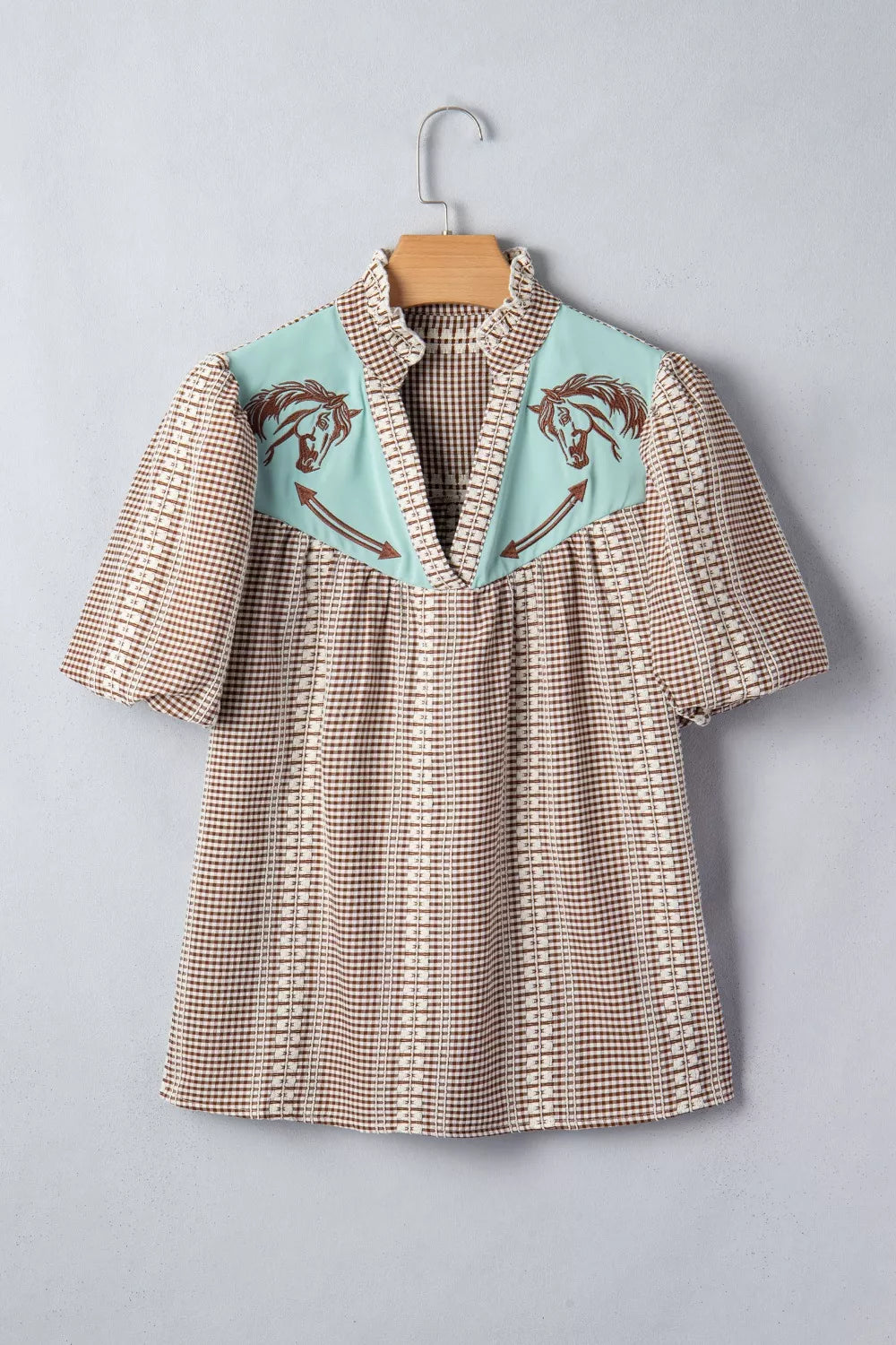 Embroidered horse yoke gingham puff sleeve blouse