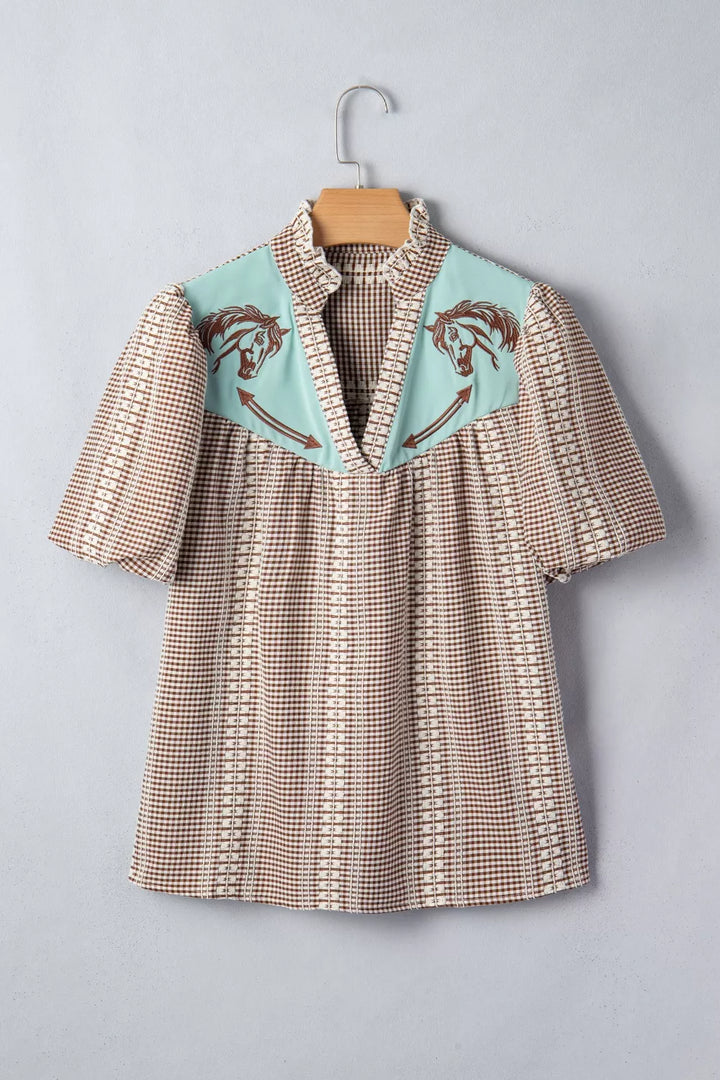 Embroidered horse yoke gingham puff sleeve blouse