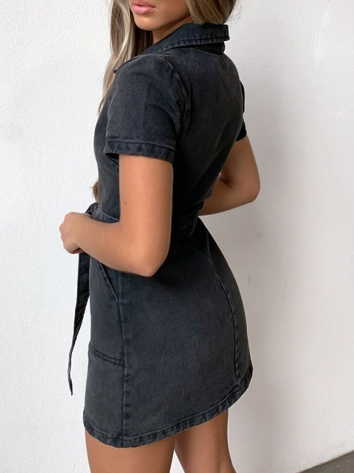 Zip front short sleeve denim mini dress with tie waist