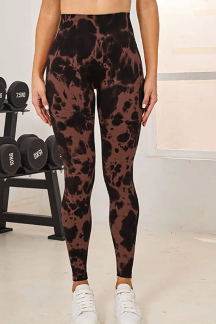 Brown Tie-dye high-waist active leggings with wide waistband