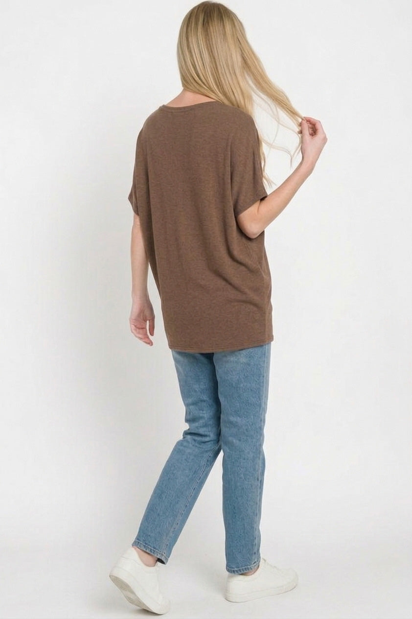 Relaxed dolman sleeve boat neck hacci knit top